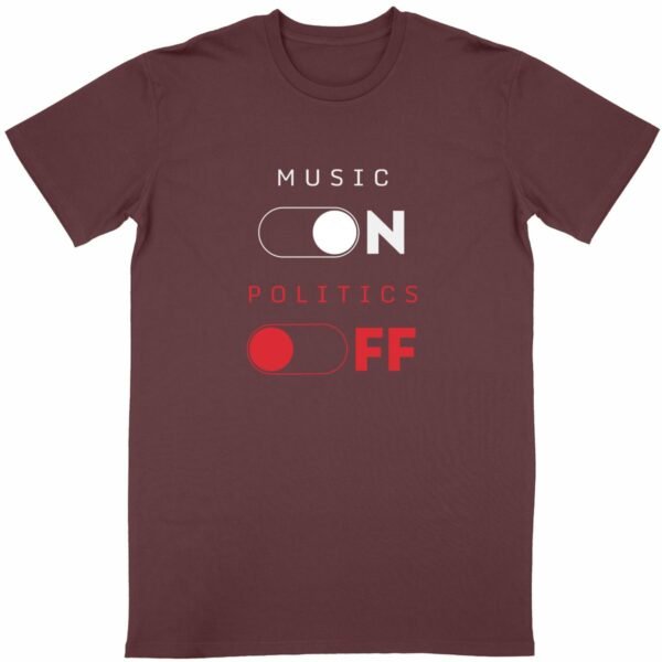 T-shirt léger unisexe Music On / Politics Off groove grenat en coton bio - Wax & Wear
