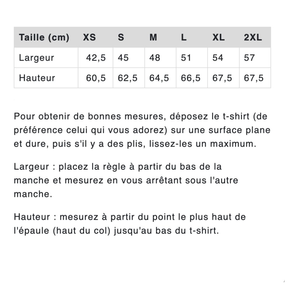 Guide des tailles unisexe 155gr