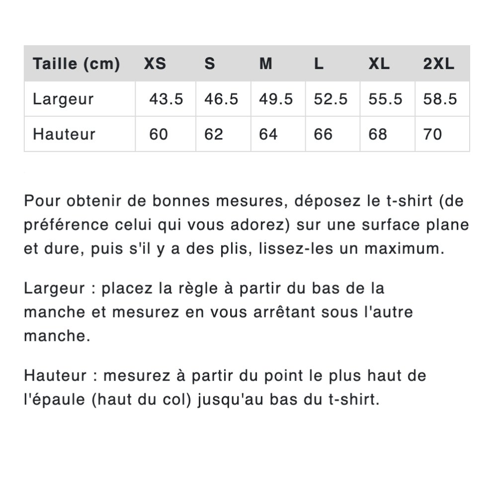 Guide des tailles unisexe 155gr