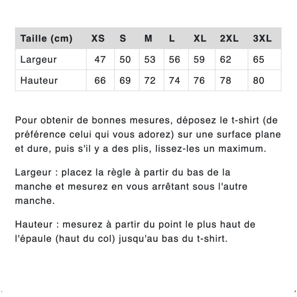 Guide des tailles unisexe 155gr