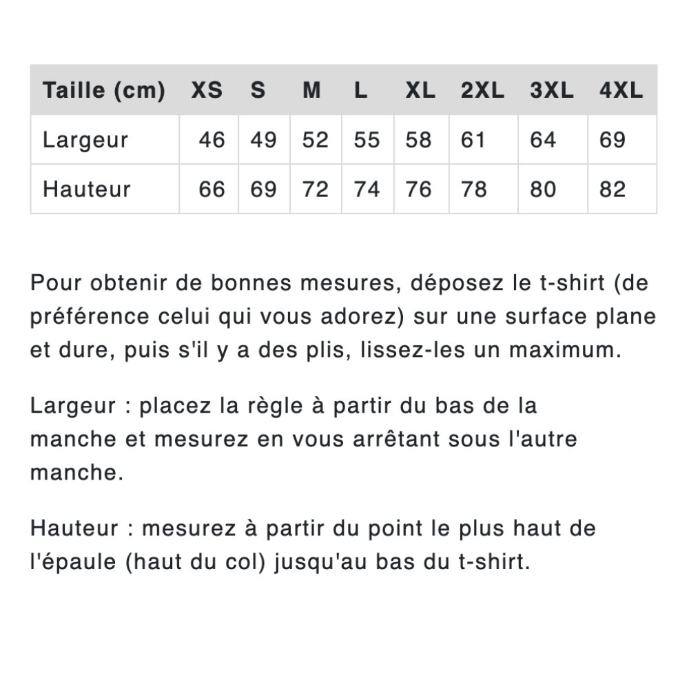 Guide des tailles unisexe