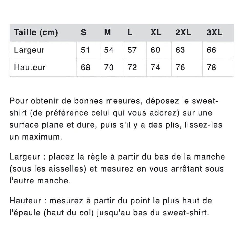 Guide des tailles hoodie unisexe 280gr