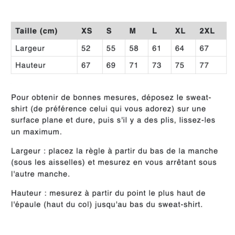 Guide des tailles hoodie oversize unisexe 300gr