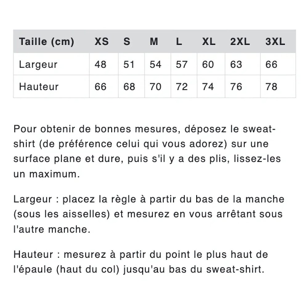 Guide des tailles sweat unisexe 280gr