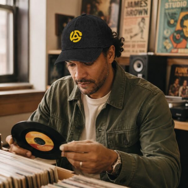 Casquette DJ en jean noire avec broderie inspirée des 45 tours
