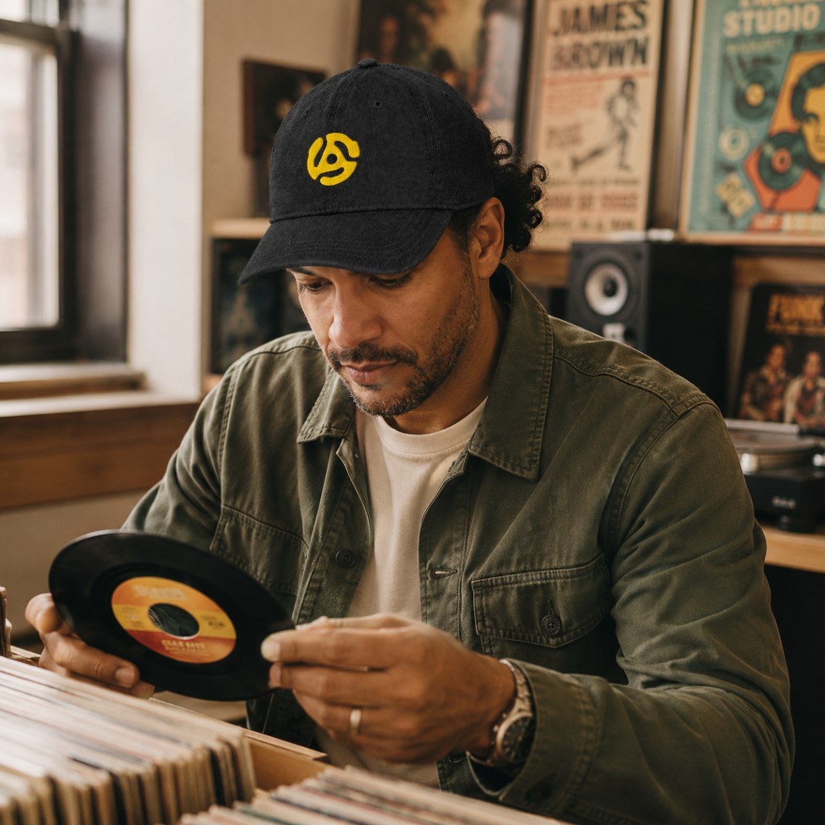 Casquette DJ en jean noire avec broderie inspirée des 45 tours