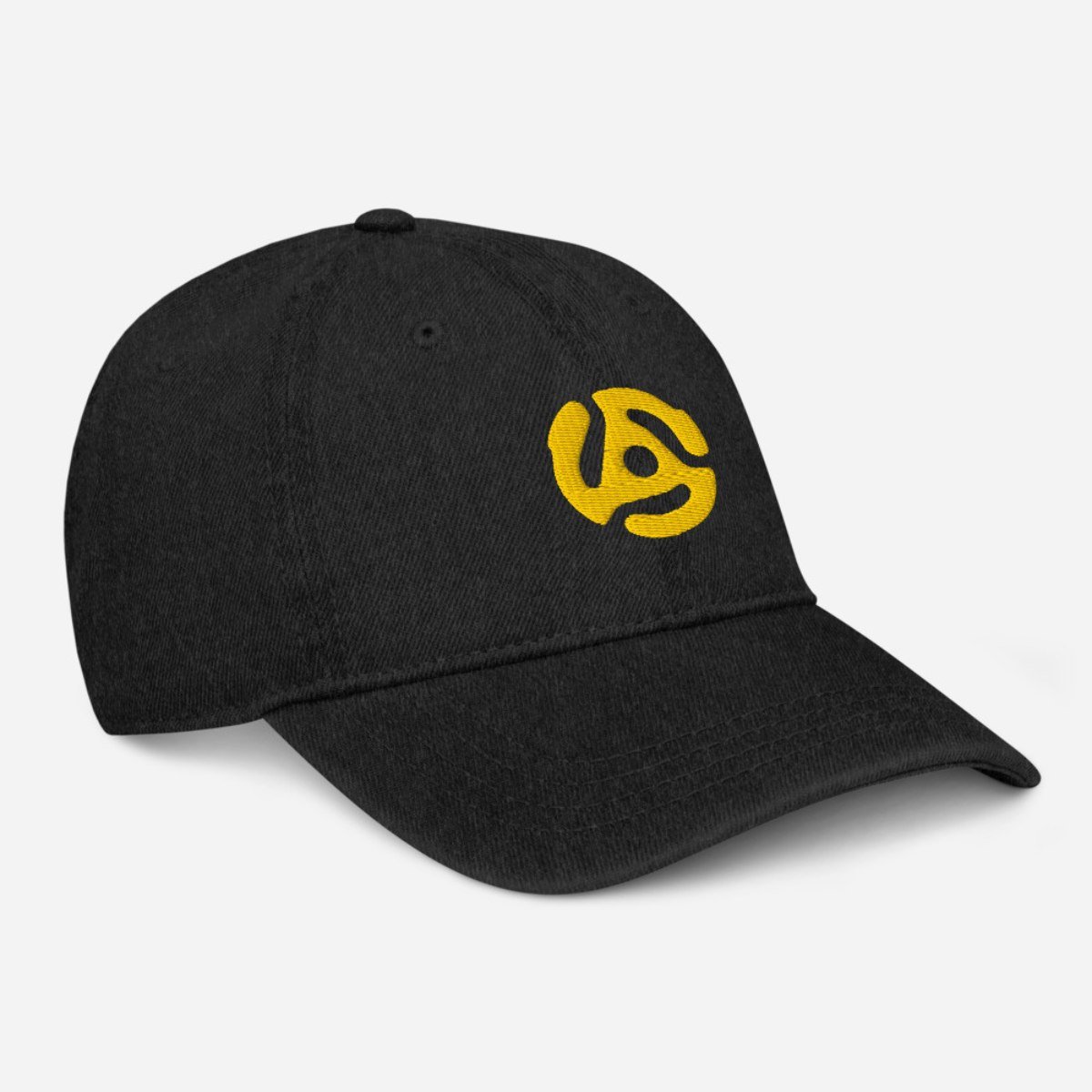 Casquette DJ en jean noire avec broderie inspirée des 45 tours