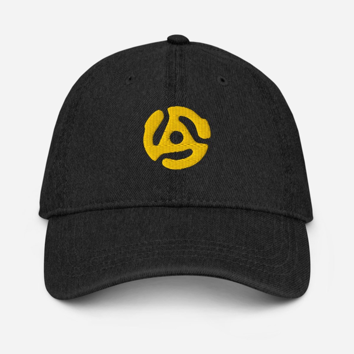 Casquette DJ en jean noire avec broderie inspirée des 45 tours
