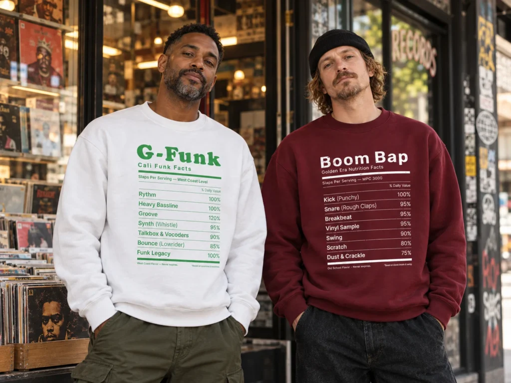 Duo hip-hop devant un disquaire